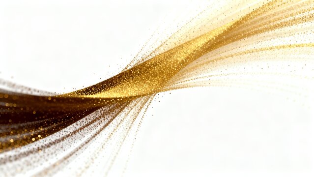 Dynamic stream of golden particles in motion on white background