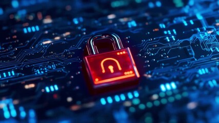 Red padlock digital circuit cybersecurity data protection encryption technology glowing secure electronic futuristic blue warning, glowing red padlock blue digital circuit board symbolizes - Powered by Adobe