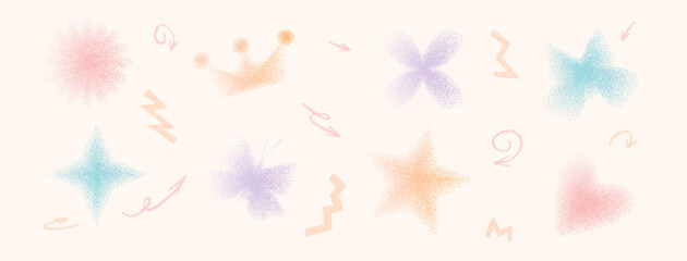 Y2K noise gradient icons pattern. Spray dots butterfly, flower, twinkle spray design. Soft glow and dreamy texture for retro or futuristic art. Vector abstract gradation dots with trendy vintage tone. © Syuzann q