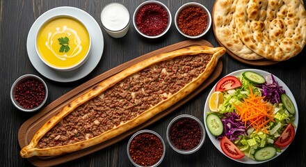 Turkish pide with minced meat served with soup salad and dips turkish food flatbread