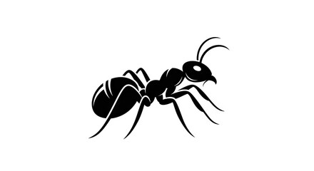 A black silhouette of an ant with three body segments six legs and antennae Its on a plain white background