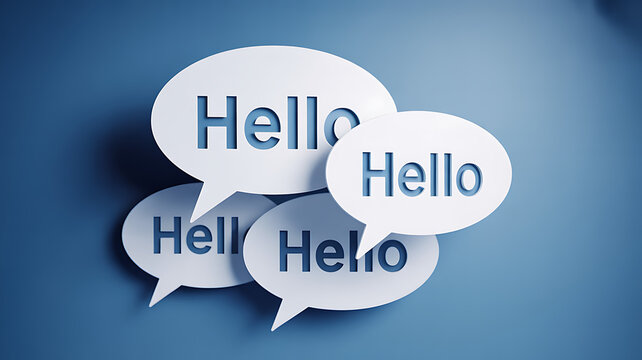 Friendly hello greeting bubbles for positive communication, making connections and networking, promoting international relations and translation services