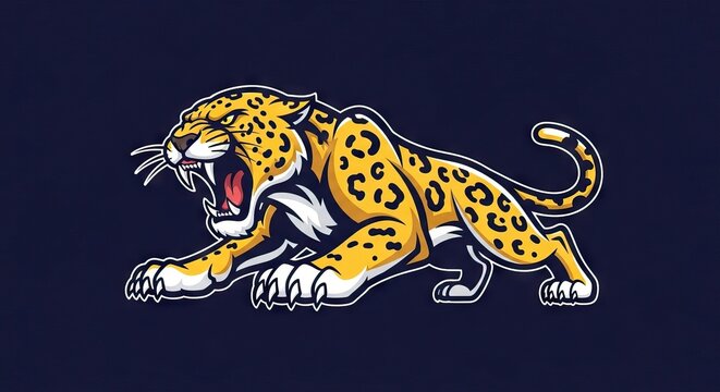 A cartoon jaguar with yellow fur and black spots baring its teeth in a fierce expression set against a dark blue background