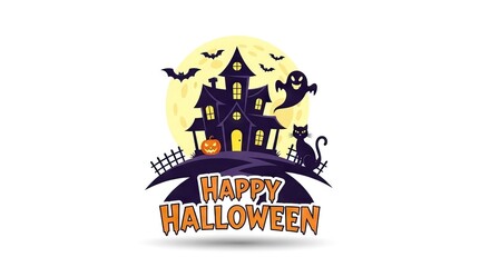 A Halloween scene featuring a haunted house bat silhouettes a pumpkin black cat a ghost and the text Happy Halloween