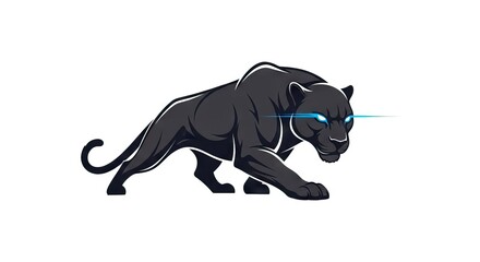 Obraz premium A sleek black panther with striking blue eyes poised in a predatory stance against a plain white background