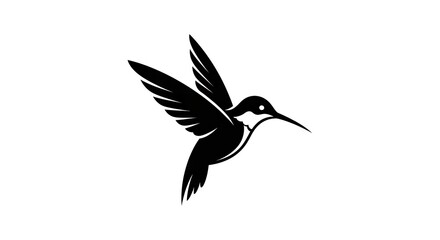 A solid black silhouette of a hummingbird in flight with detailed wings and a long beak