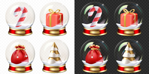 Set of Christmas and New Year transparent snow globes with snow, isolated. Equally suitable for dark and light backgrounds.	