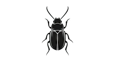 A stylized vector graphic of a black beetle with distinct body segments antennae and legs centered on a white background