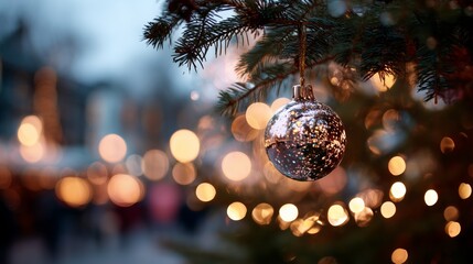 Close-up of a sparkling silver Christmas ornament hanging on a tree, accented by warm, blurred festive lights.