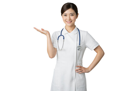 Isolated female nurse in white uniform presenting with open hand