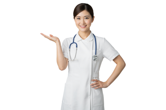 Isolated female nurse in white uniform presenting with open hand - Powered by Adobe