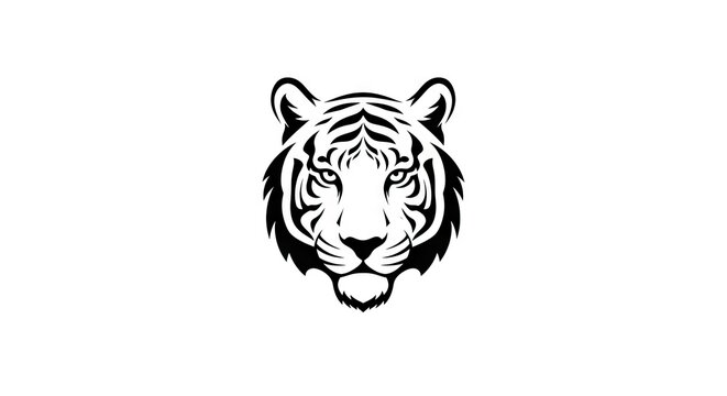 Black and white illustration of a tiger head with visible stripes nose eyes and ears
