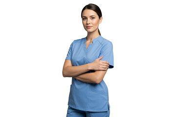 Isolated female nurse in light blue scrubs with arms crossed