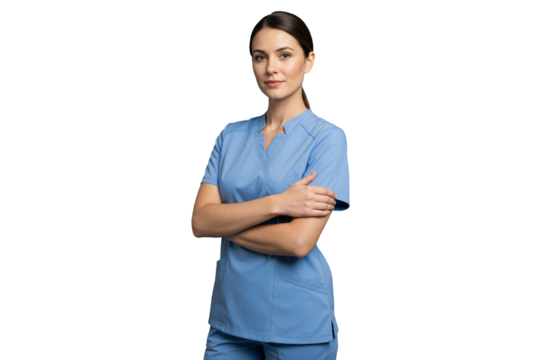 Isolated female nurse in light blue scrubs with arms crossed