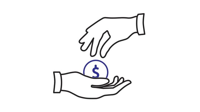 give animation. two hands giving and receiving dollar coins. finance, banking, reports