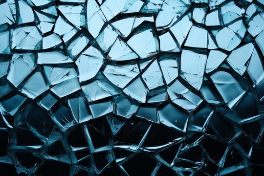 Broken glass surface creating a fragmented abstract background with a cool blue tone