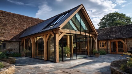 A converted barn house with rustic wooden beams contemporary glass extension and stone courtyard surrounded by rolling countryside