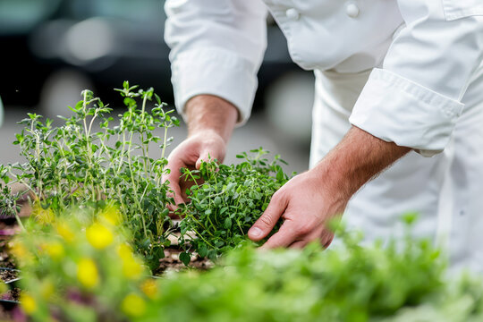 Chef tending to fresh herbs in a garden hands carefully selecting vibrant green leaves. - Powered by Adobe