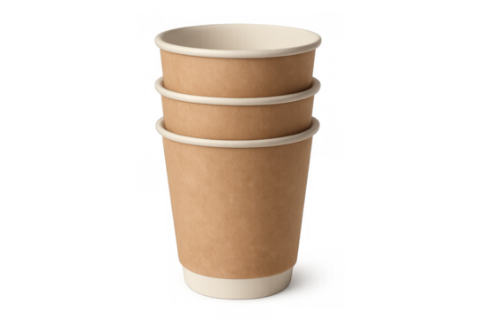 Stack of eco-friendly kraft paper coffee cups for takeaway beverages, disposable and recyclable design, transparent background - Powered by Adobe