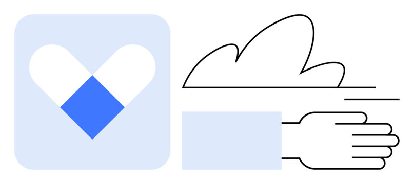 Heart icon with blue accents beside hand moving swiftly through air, evoking efficiency, care, health services, teamwork, progress, innovation, and sustainability. Ideal for simple flat metaphor