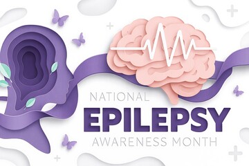Epilepsy awareness month with brain and purple ribbon