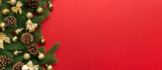 Christmas background with fir branches and Christmas decor. Top view, copy space for text