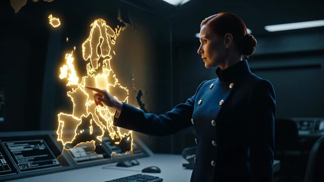 Officer examines holographic europe map. Woman commander gestures at glowing map. Control room shows futuristic technology. Command planning visualized by hologram. Military strategy focuses on