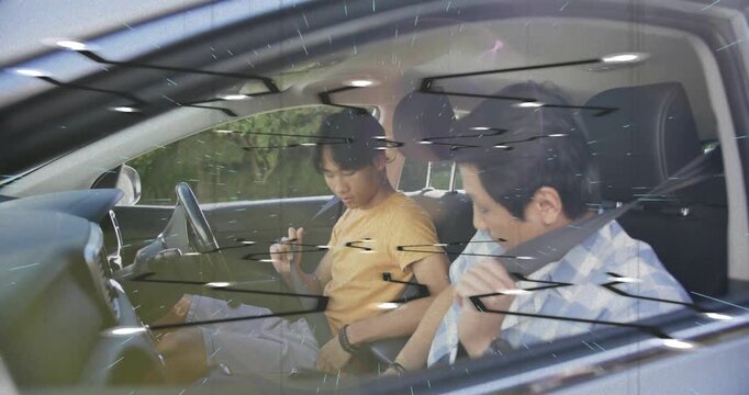 Passenger reaching for seat belt leading teen driver fastening buckle, adjusting visor for driving
