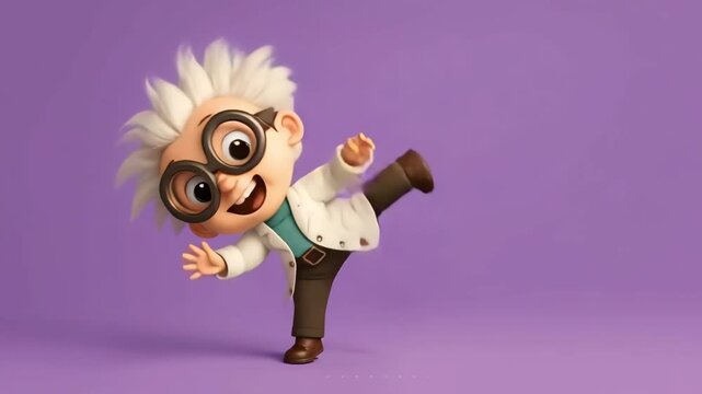 Happy Dancing boy Dressed as Mad Scientist Character on a Purple Background