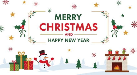 Merry christmas and happy new year scene with a snowman, gifts, fireplace, and decorated trees, set against a snowy landscape