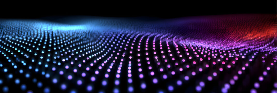 Authentic concave LED display for a wall or platform. Large TV display depicted in a vector illustration with neon blue and purple dot lights. Stadium digital scoreboard with diode lights