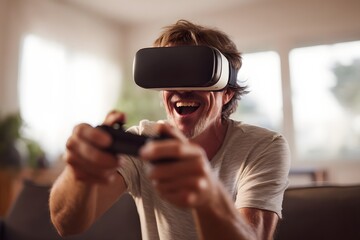 Man enthusiastically plays virtual reality game with headset and controller at home