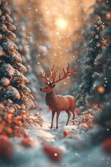 Obraz premium A beautiful deer in the snow surrounded by trees and red berries with warm sunlight shining through the pine tree branches on it.