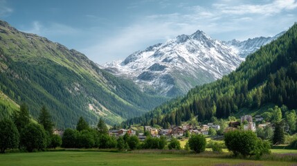 Scenic mountain village in a green valley with snow-capped peaks in the background. Nature travel and outdoor adventure for vacation spot.