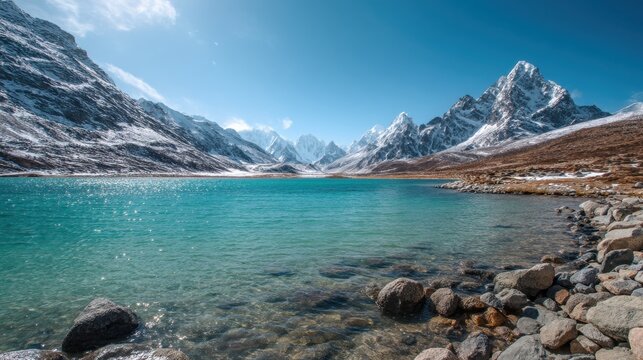 Scenic clear blue lake surrounded by majestic snow-capped Himalayan mountains under a bright sunny sky. Beautiful winter nature landscape with sparkling lake water.