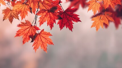 Vibrant red and orange maple leaf hanging from a branch in soft focus background. Autumn foliage for seasonal design, Thanksgiving or cozy fall concept.