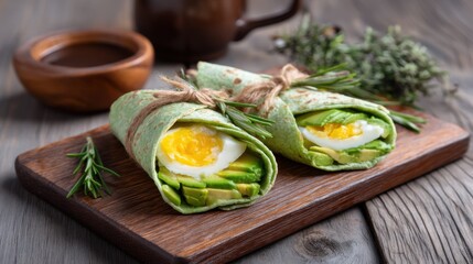 Two green tortillas with avocado and hard boiled egg filling. Healthy breakfast wrap or light lunch snack for nutritious meal.