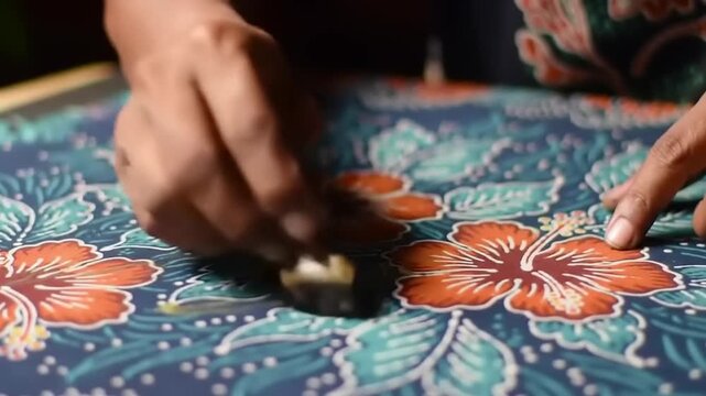 Painting floral batik with hot wax.