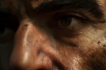 Close up of a man's face with visible pores and stubble