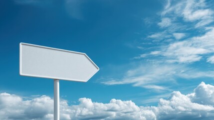 Blank street sign or road pointer against cloudy blue sky with copy space. Concept of direction, choice, or new beginning for travel background or presentation.