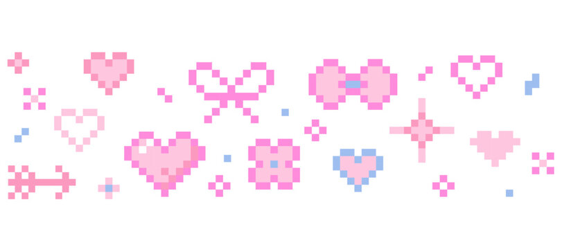 Cute pixel border nice pink pixel decoration. Y2k retro game 8 bit flower blossom, stars sparkles, butterfly, heart and cherry. Whimsical sparkling shining stars emoji,