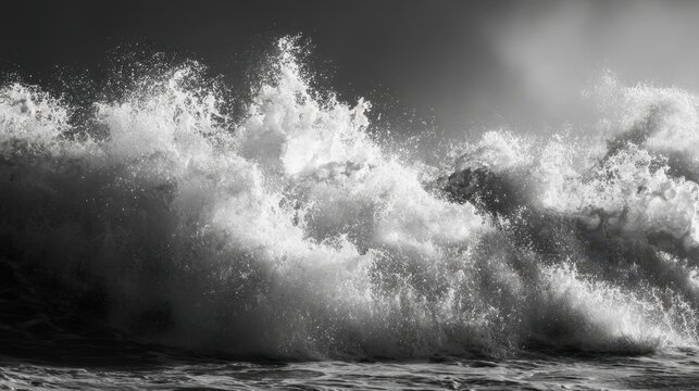 Large ocean wave breaking and splashing water, creating dynamic monochrome nature scene. Power of the sea for travel and surf concept.
