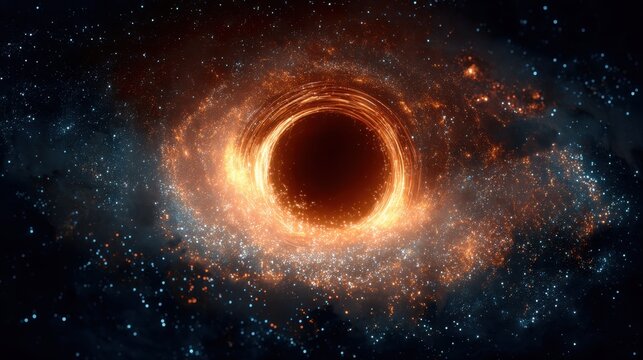 Black hole in deep space, accretion disk, and matter swirling. Cosmic phenomena in the universe. Science, astronomy, and exploration concept.