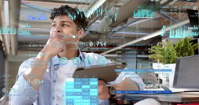 Man tapping tablet scrolling tech data finding insights in office, blue AR charts overlaying tablet