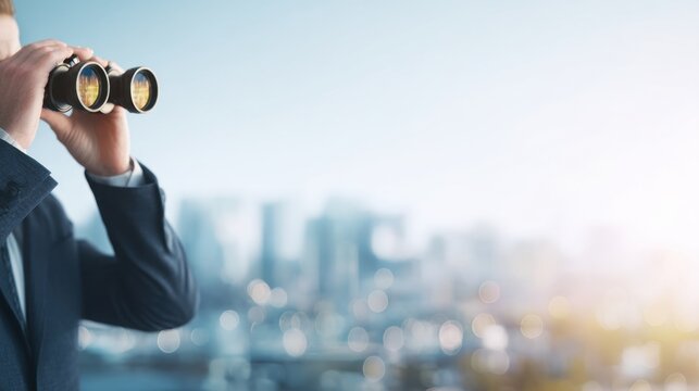Man looking through binoculars into the distance over a blurred city panorama. Searching for future business opportunities and vision.