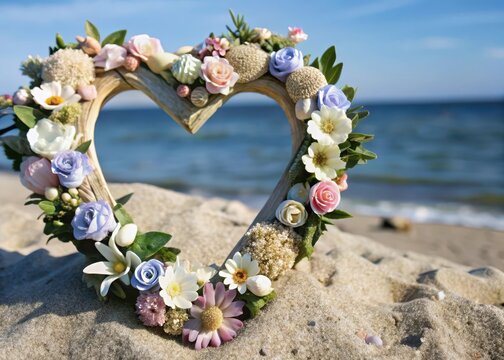 Pastel Floral Decorated Wooden Heart on Sandy Shore with Driftwood and Shells