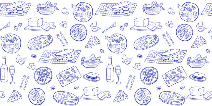 Seamless pattern with whimsical sketch collection of Italian cuisine food, hand drawn repeating background with bruschetta, oysters, cutlery. Modern line art illustrations on white background