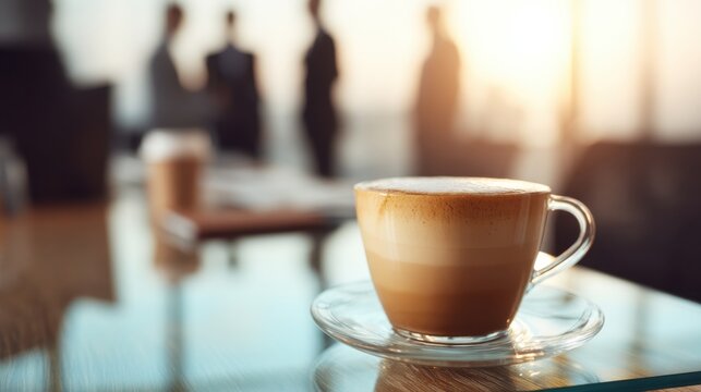 Cup of latte coffee on glass table with blurred business people in background. Corporate break time concept.