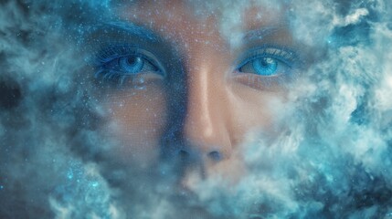 Woman digital face with shining blue eyes, geometric connections. Concept of artificial intelligence, future technology, or virtual reality.
