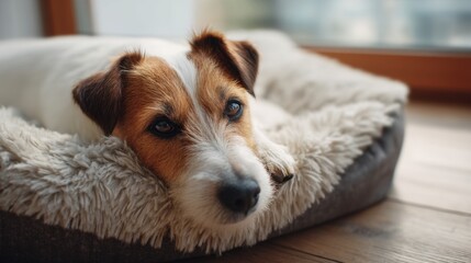Cute small dog relaxing on a soft, comfy pet bed at home. Animal friend looking directly at the camera with warm and loyal eyes.